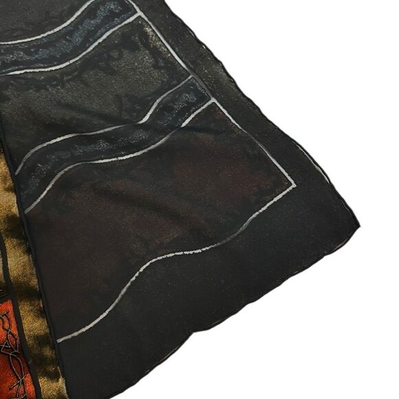 Silk Velvet Oblong Scarf Embroidered Burnt Orange Olive Green Black Lining - Picture 4 of 10